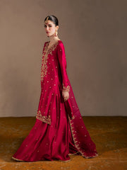 Deep Crimson Red Embroidered Raw Silk Anarkali Suit