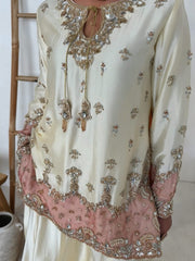 Cream & Pastel Pink Embroidered Short Kurta