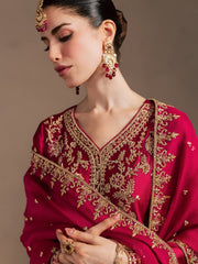 Deep Crimson Red Embroidered Raw Silk Anarkali Suit
