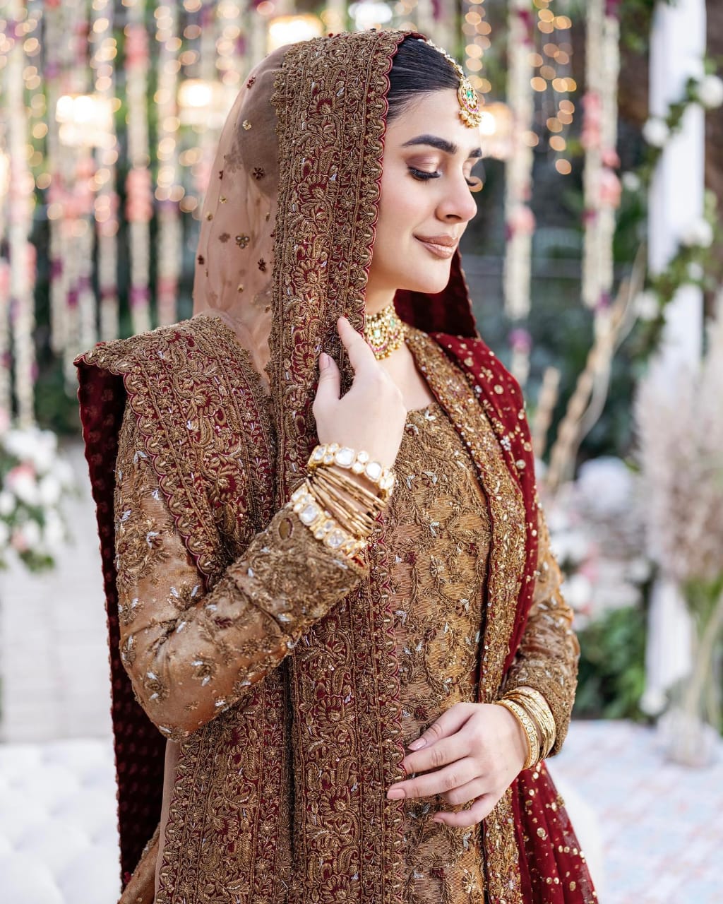 Kubra Khan Red+skin embellished shirt lengha