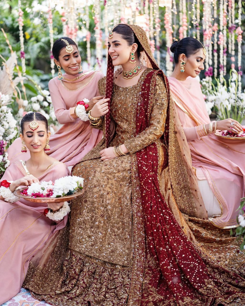 Kubra Khan Red+skin embellished shirt lengha