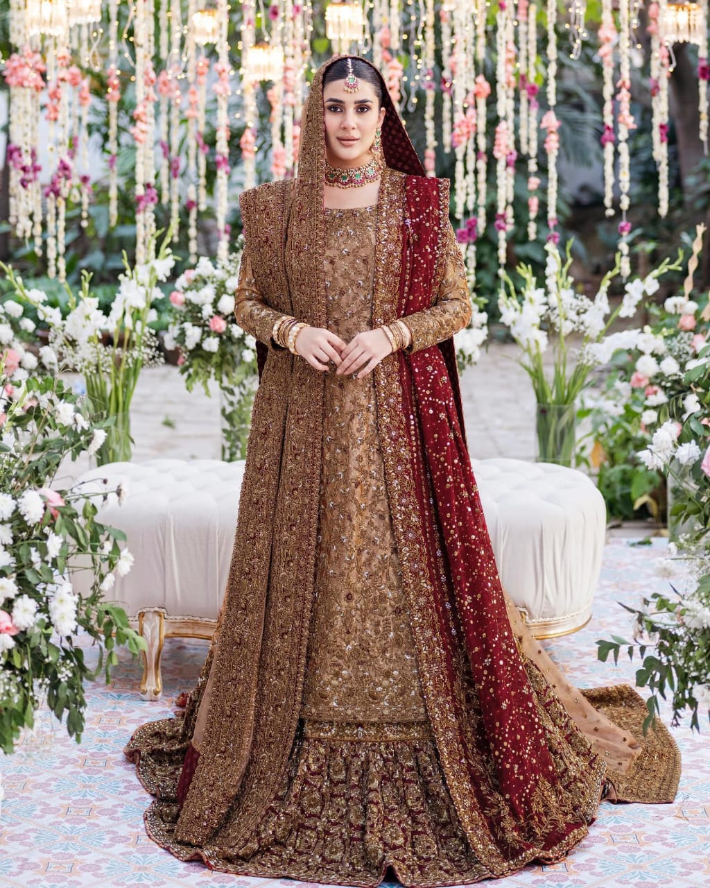 Kubra Khan Red+skin embellished shirt lengha