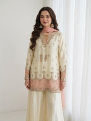 Cream & Pastel Pink Embroidered Short Kurta