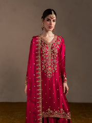 Deep Crimson Red Embroidered Raw Silk Anarkali Suit