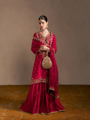 Deep Crimson Red Embroidered Raw Silk Anarkali Suit