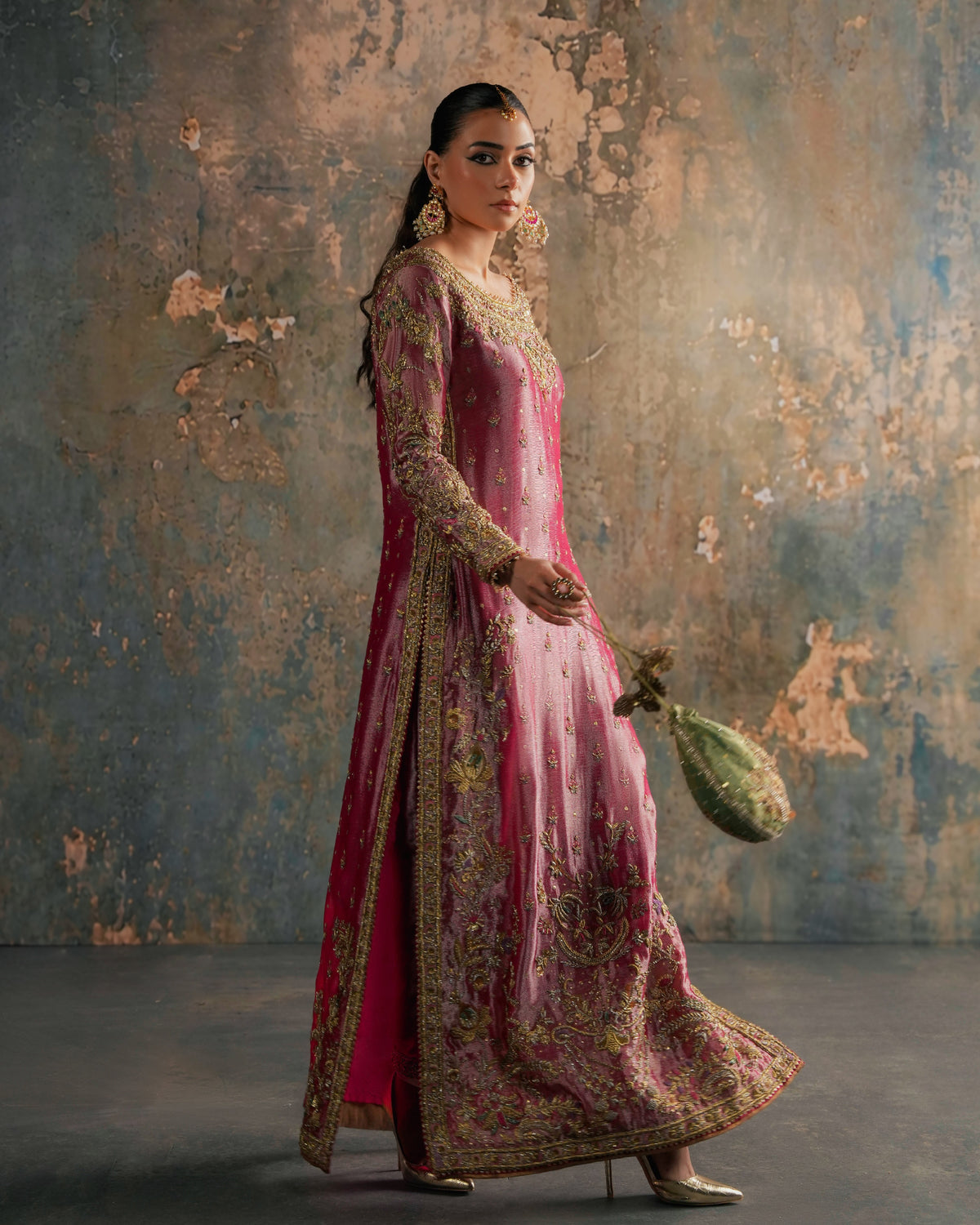 Dusty Rose Gold Zari Embroidered Silk Maxi
